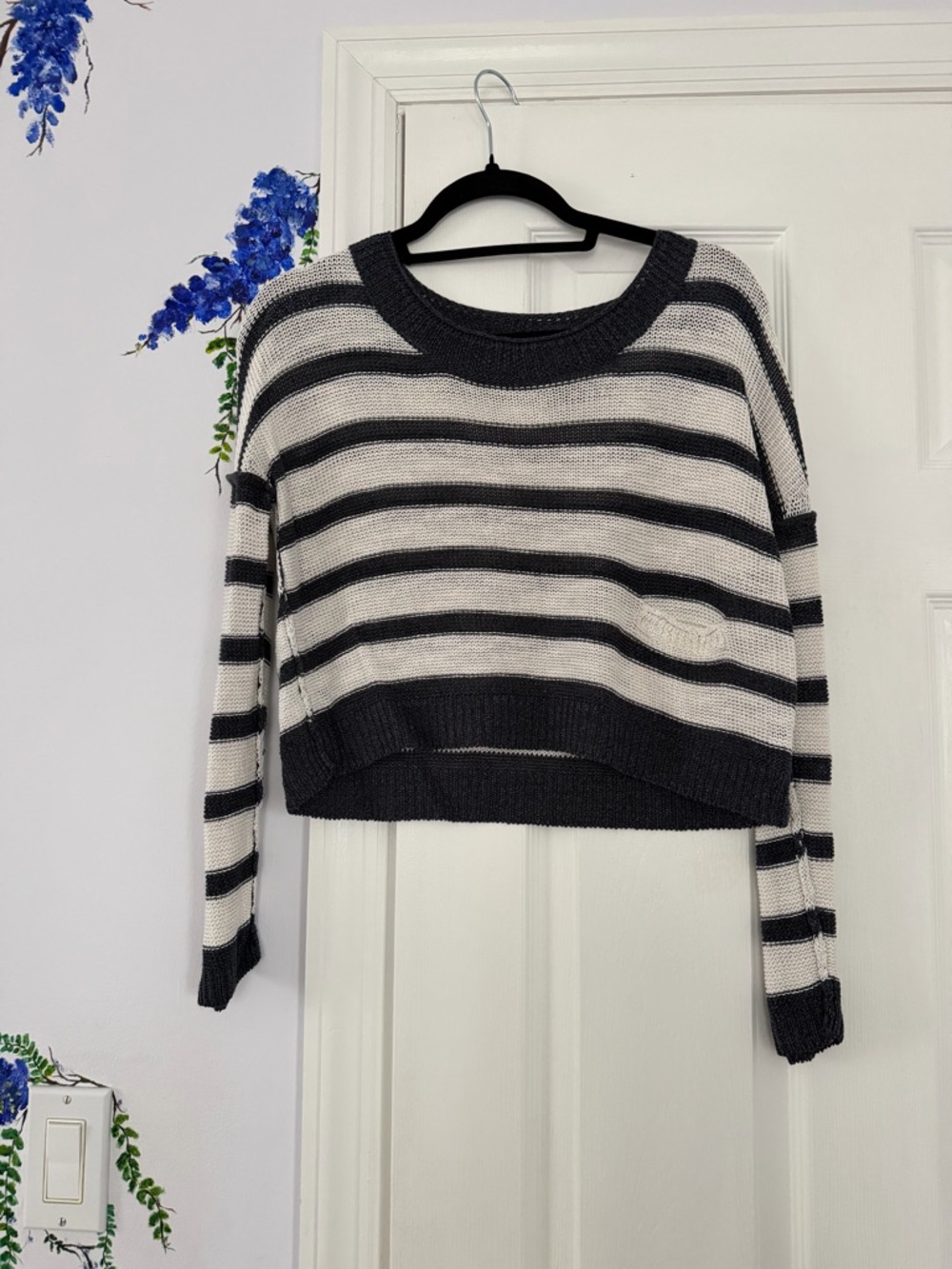 Striped Black and Cream Cropped Knit Sweater - Women